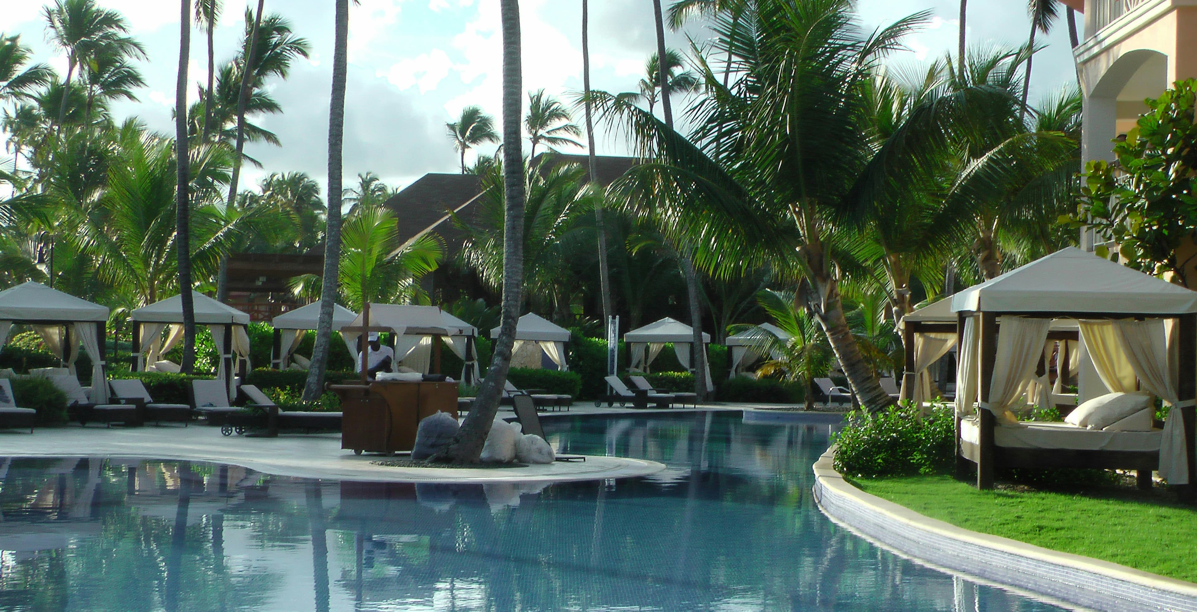 A serene tropical resort pool surrounded by lush palm trees and white lounge chairs.